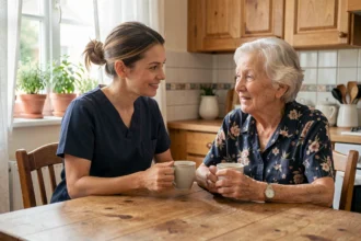 Aide à domicile accompagnant une personne âgée autour d'une tasse de thé dans une cuisine française