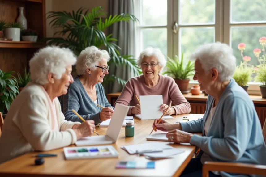 Groupe de personnes âgées peignant à l'aquarelle ensemble en maison de retraite, activité créative partagée