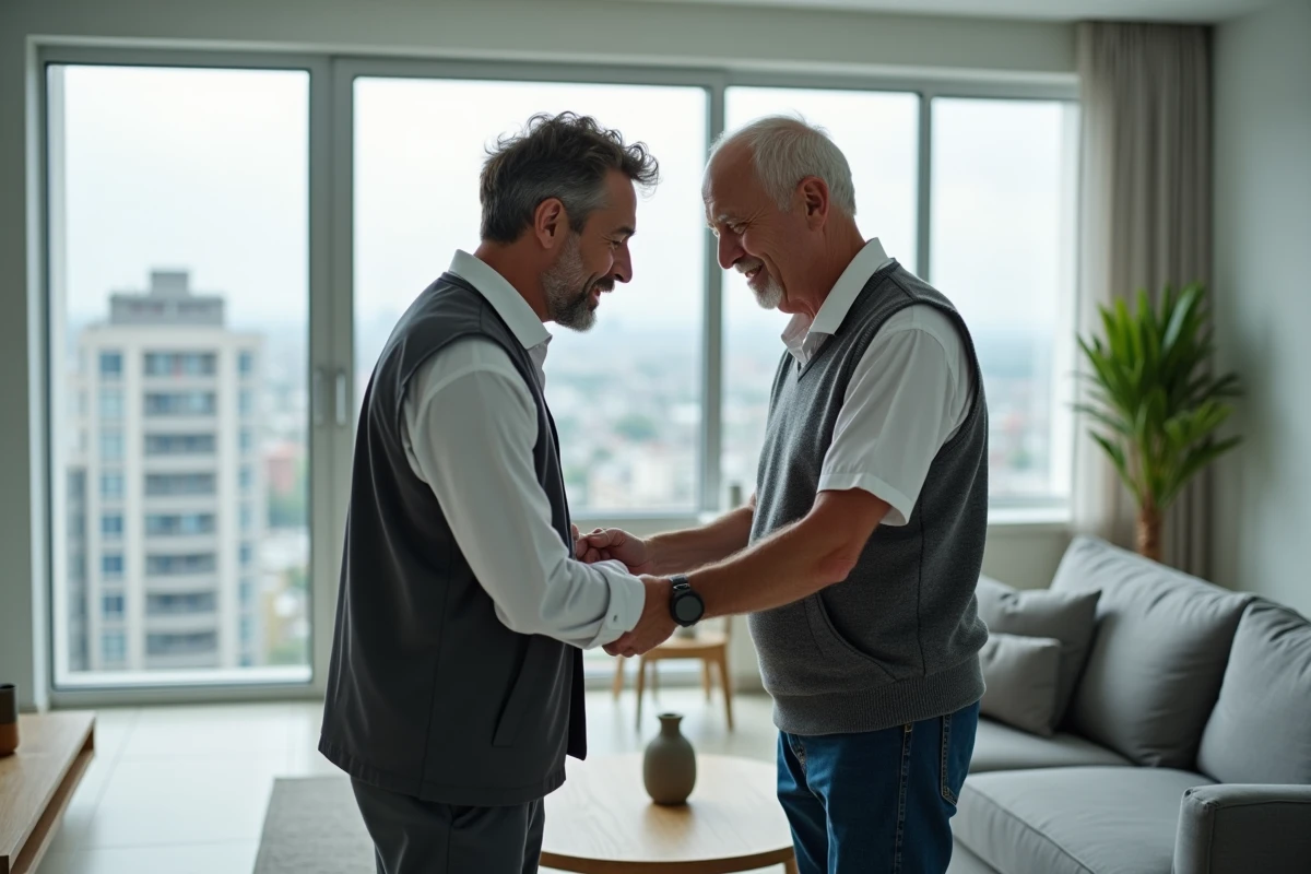 Auxiliaire de vie ADMR accompagnant un senior dans un appartement urbain moderne