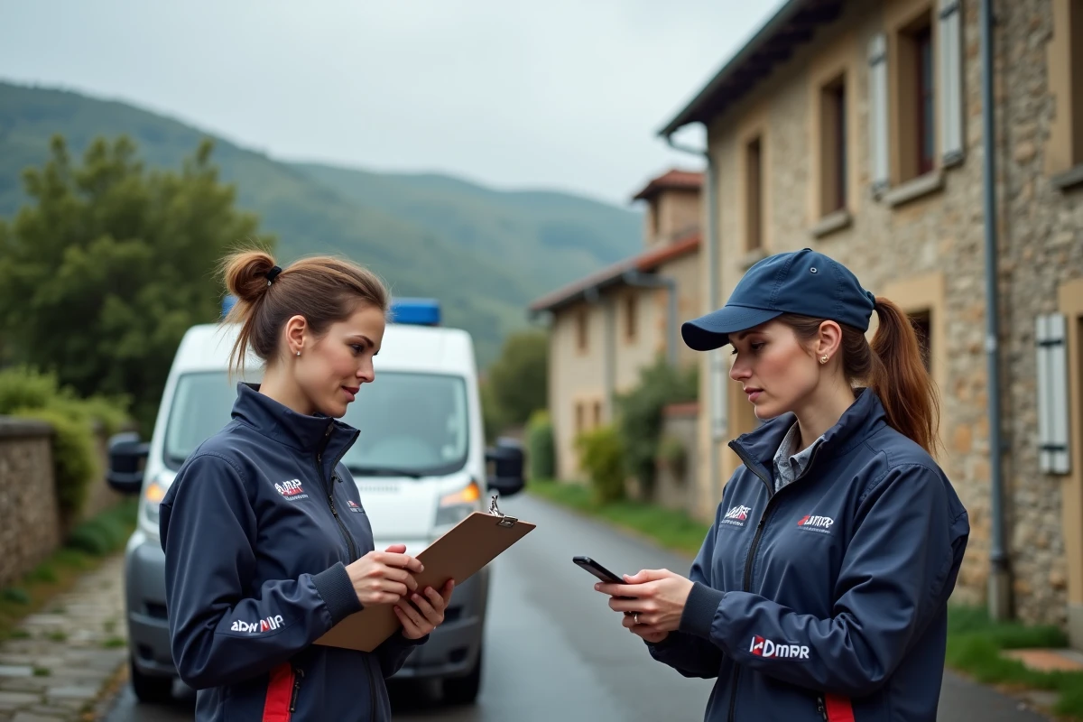 Intervenantes ADMR en zone rurale devant leur véhicule de service dans un village français