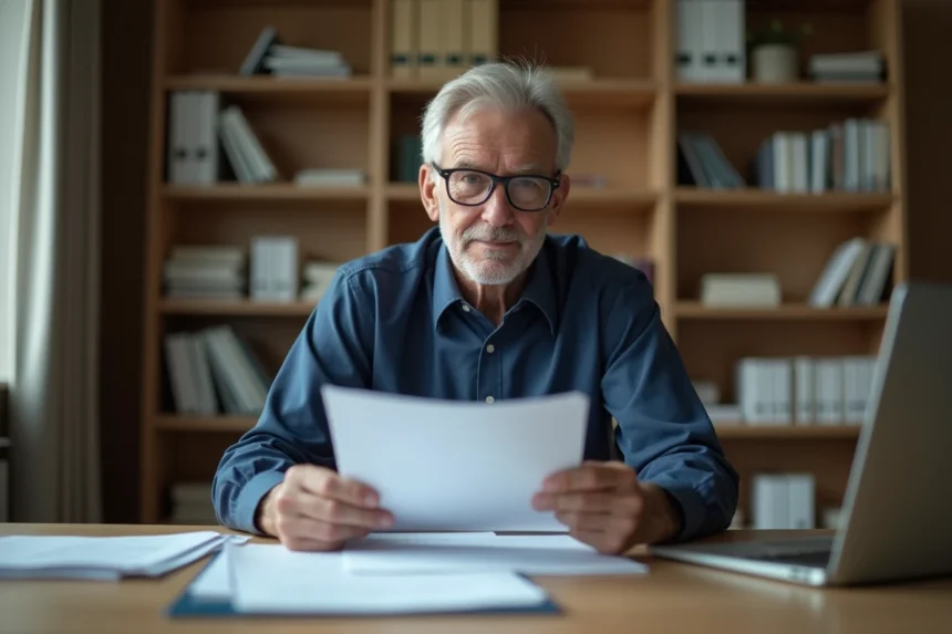 Agent de maîtrise à la retraite consultant ses documents de pension à son bureau en 2026