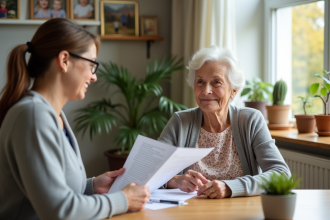 Femme âgée souriante recevant de l'aide à domicile