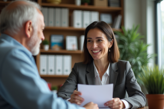 Assistante sociale discutant avec un senior dans un bureau accueillant
