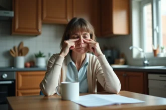 Aide-soignante fatiguée dans une cuisine modeste
