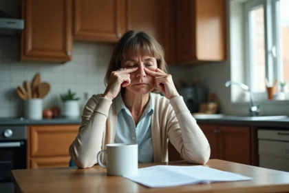 Aide-soignante fatiguée dans une cuisine modeste