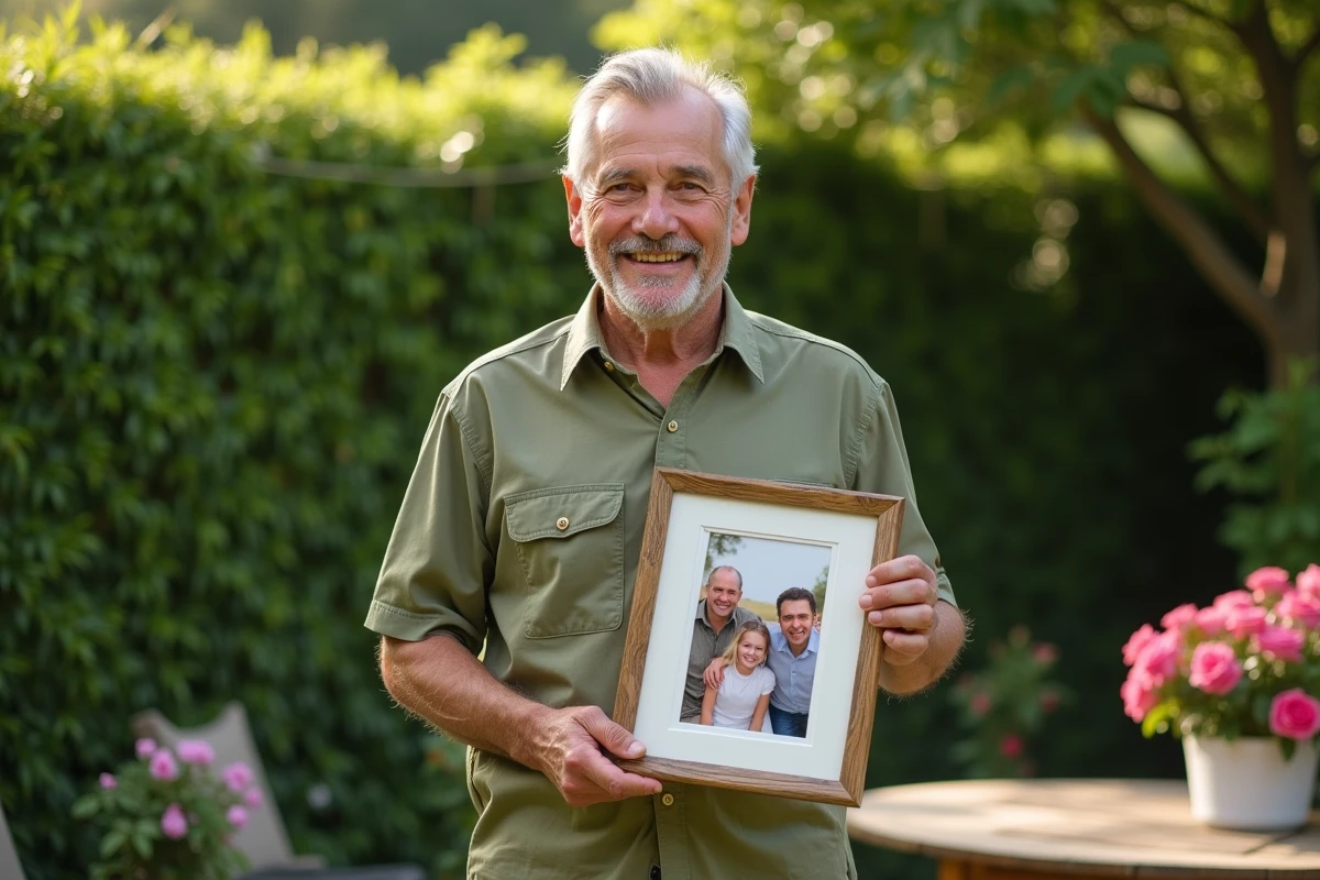 Homme de 70 ans tenant un collage photo souvenir offert par sa famille dans un jardin fleuri pour son anniversaire