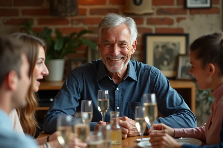 Homme de 70 ans entouré de sa famille lors d'une fête d'anniversaire conviviale avec champagne et photos souvenirs