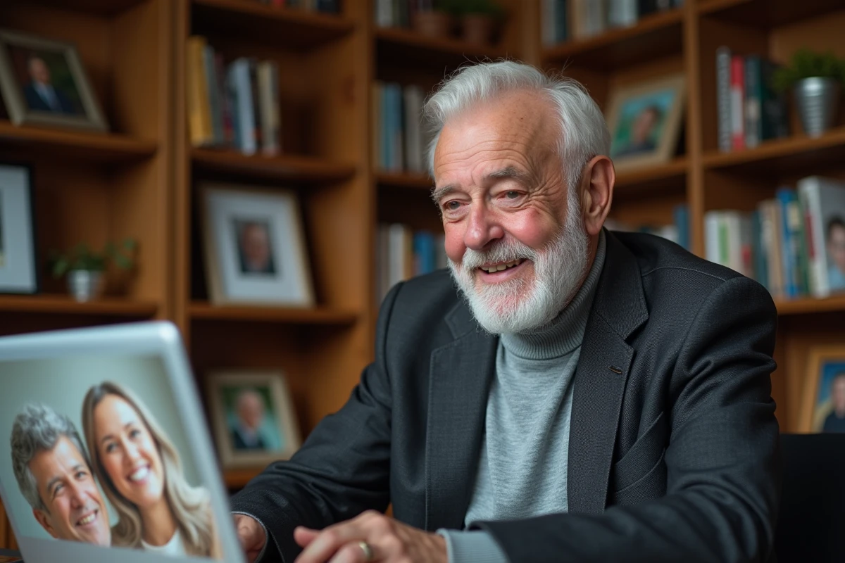 Homme de 70 ans regardant un hommage vidéo en famille sur ordinateur portable lors de son anniversaire