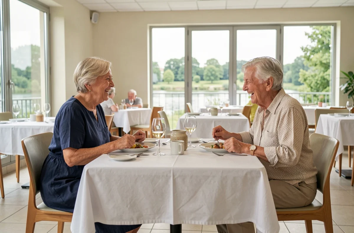 Résidentes partageant un repas convivial dans la salle à manger de la résidence Appart'Seniors Amelys à Thouaré-sur-Loire