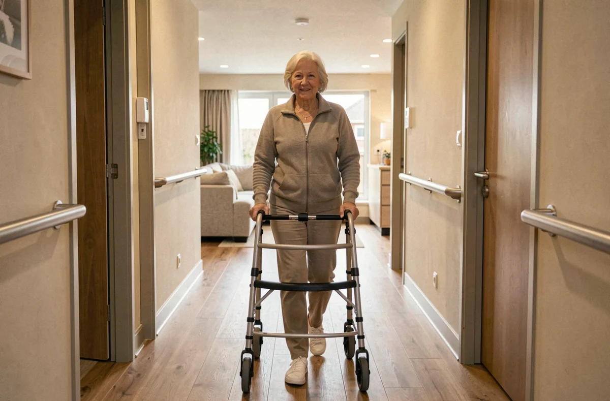 Femme senior se déplaçant aisément dans un appartement accessible Mobicap à Pontchâteau