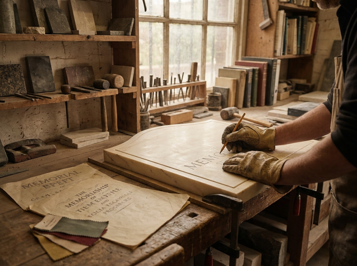 Artisan graveur travaillant sur une plaque funéraire en marbre avec esquisses typographiques et échantillons de couleurs