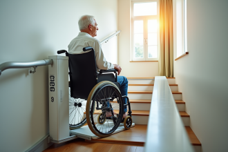 Senior en fauteuil sur un ascenseur moderne lumineux