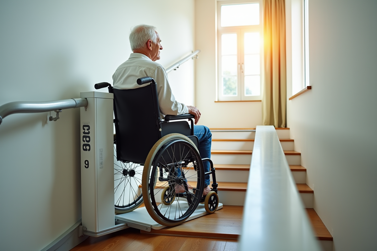 Senior en fauteuil sur un ascenseur moderne lumineux