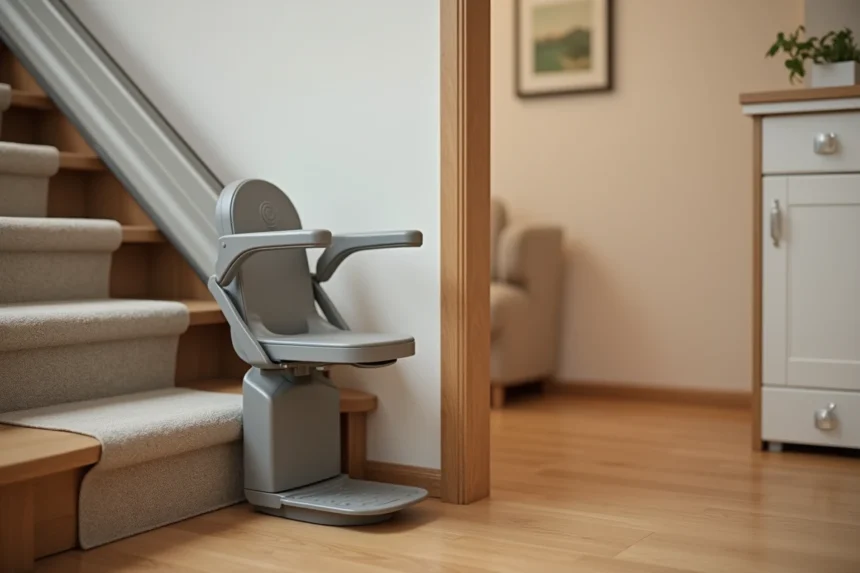 Ascenseur portable sans installation électrique posé contre un escalier en bois dans une maison moderne
