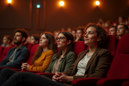 Public diversifié dans un théâtre moderne en attente