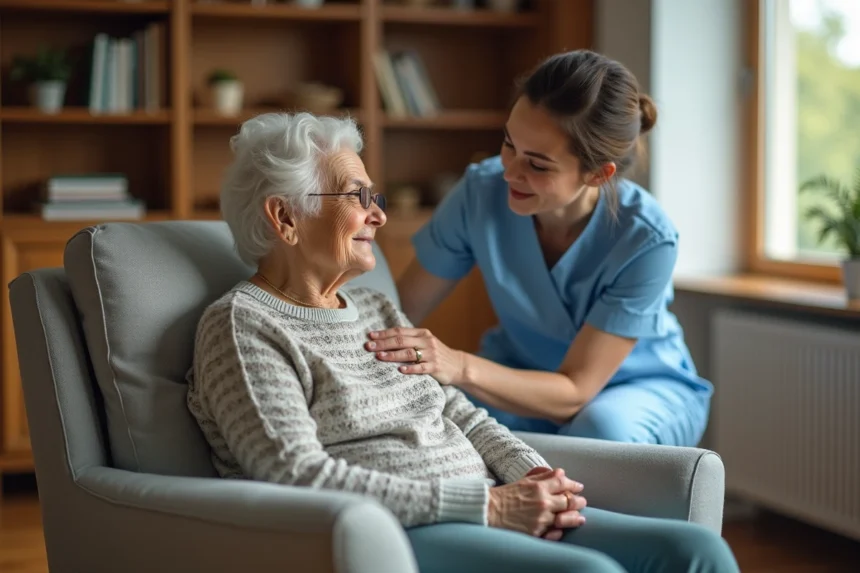 Auxiliaire de vie aidant une personne âgée à domicile, illustration des prestations Age d'Or Services