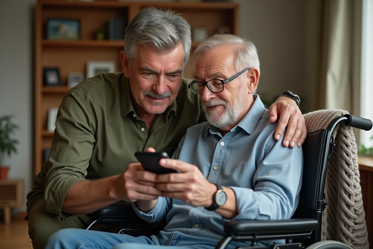 Fils aidant son père âgé à utiliser un bracelet GPS Alzheimer connecté à un smartphone dans un salon