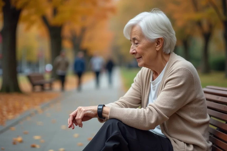 Femme âgée portant un bracelet GPS Alzheimer au poignet, assise sur un banc dans un parc en automne