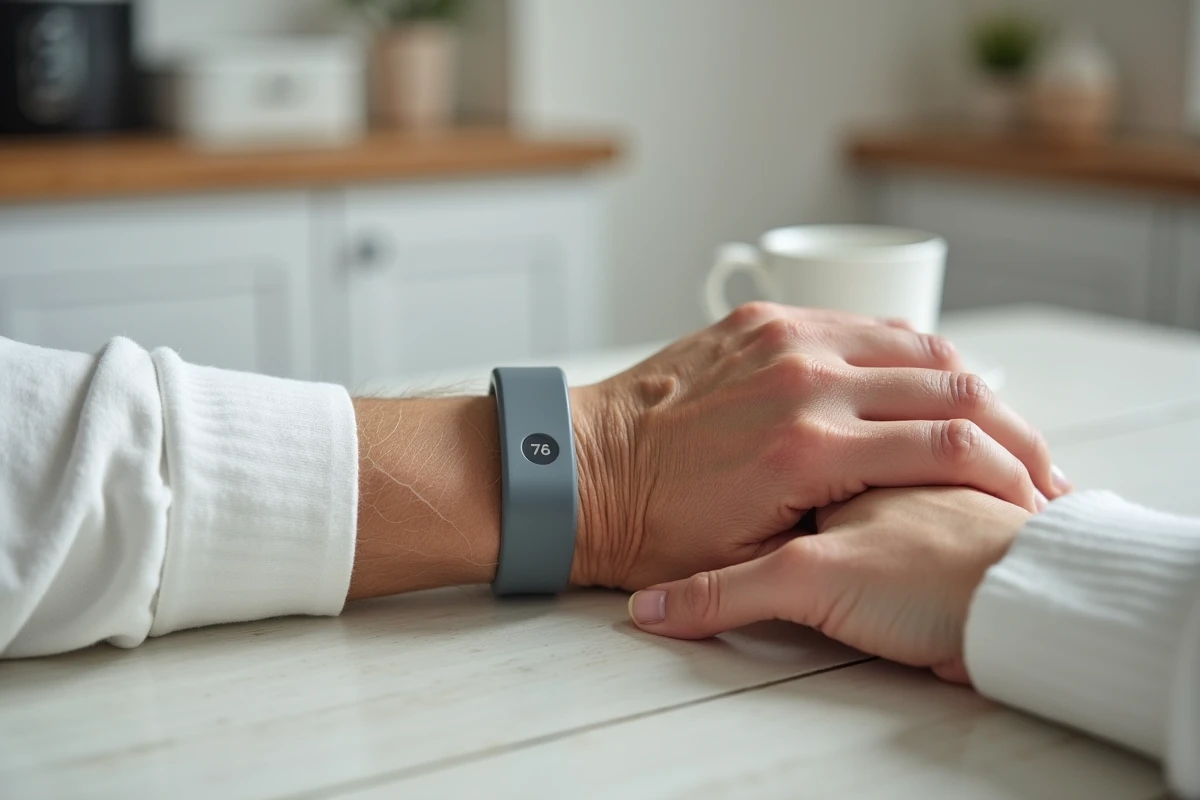 Gros plan d'une main de personne âgée portant un bracelet GPS Alzheimer en silicone sur une table de cuisine