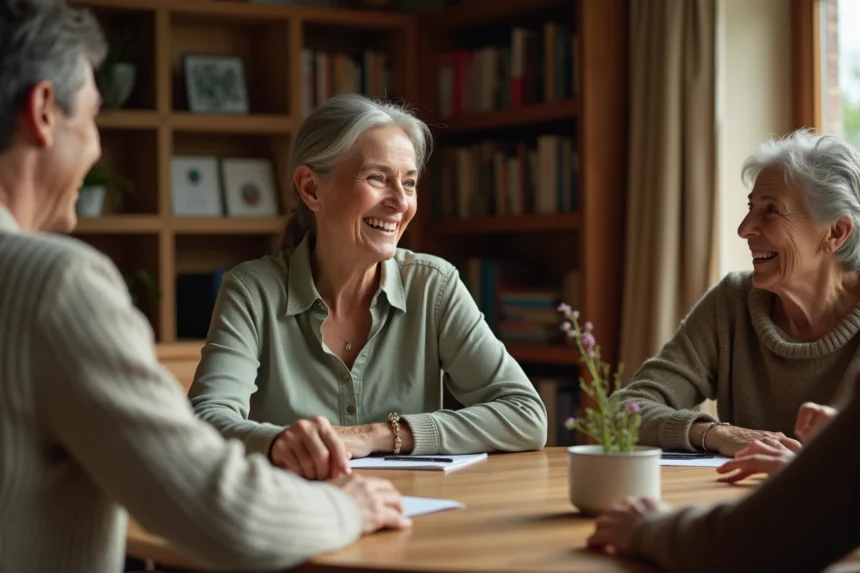Femme à la retraite entourée de collègues lors d'une fête simple et chaleureuse autour d'une table en bois