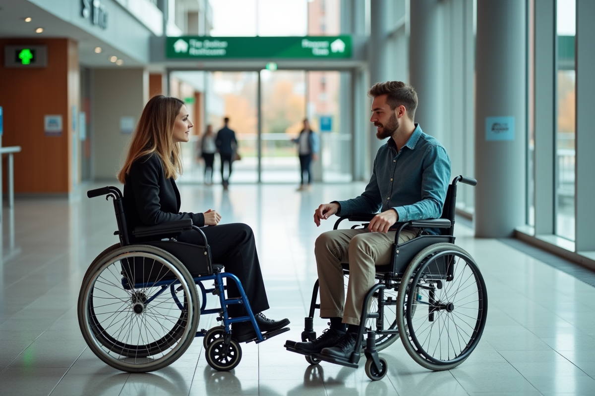 Jeune homme en fauteuil recevant des conseils dans un espace accessible