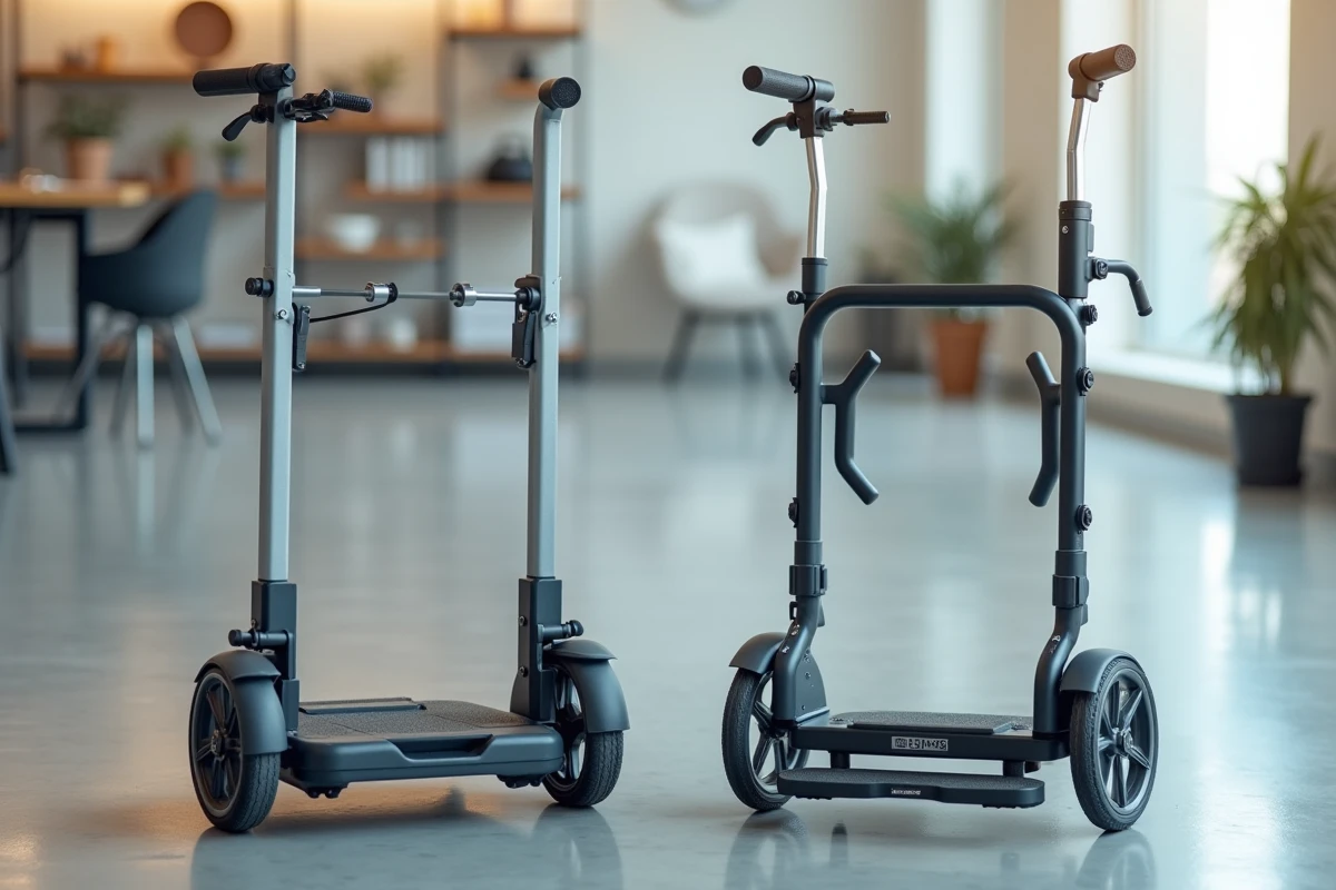 Comparaison d'un ascenseur portable électrique et d'un modèle manuel côte à côte dans un showroom