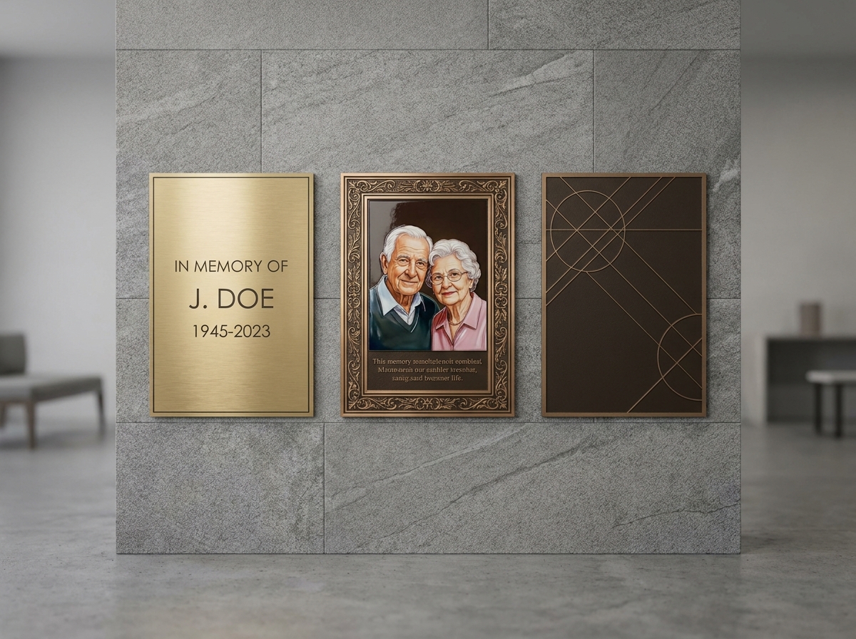 Comparaison de trois plaques funéraires avec typographies, motifs et matériaux différents exposées sur un mur en pierre