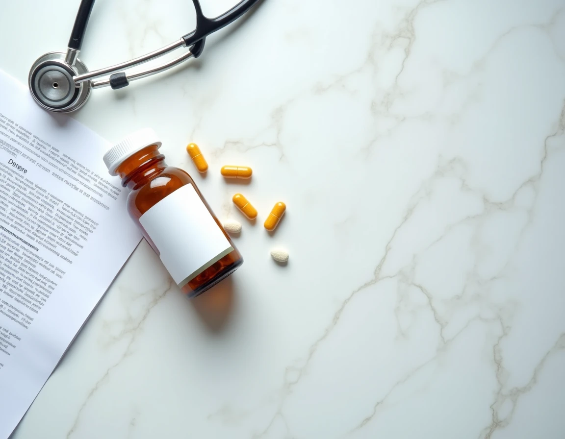 Vue de dessus de compléments alimentaires pour seniors, notice médicale et stéthoscope sur fond blanc