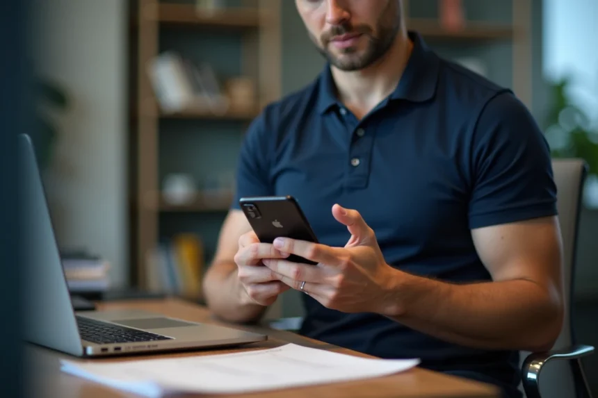 Technicien terrain configurant l'application LogisFil intervenant sur un smartphone Android dans un bureau logistique