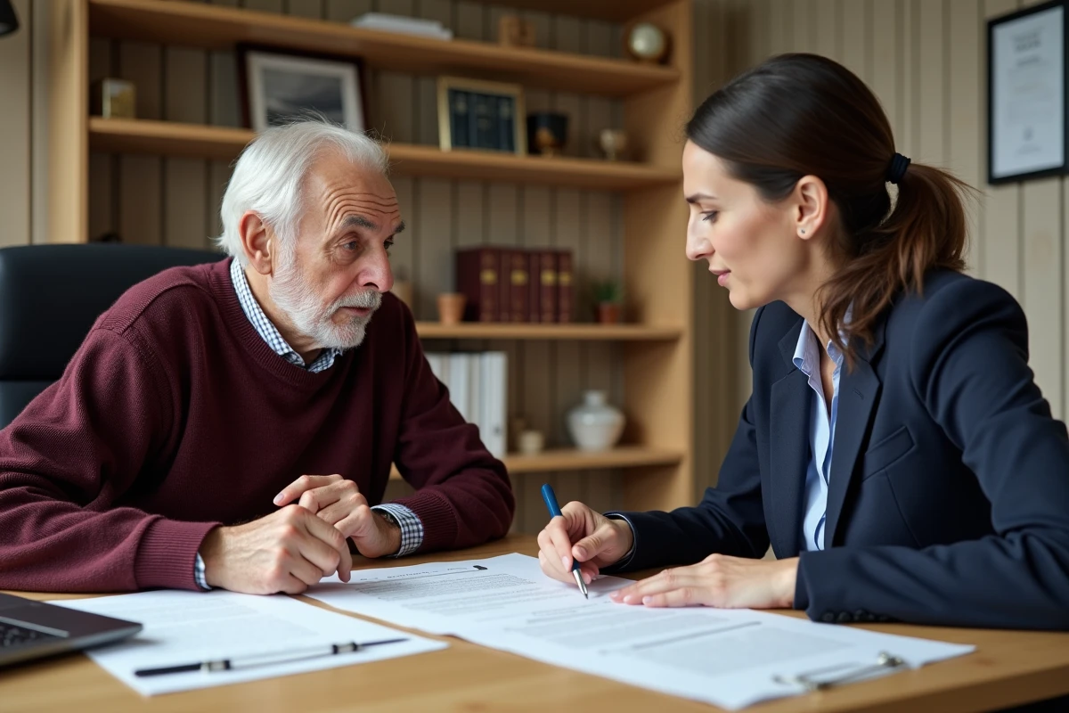 Conseiller juridique expliquant la loi sur le congé pour vendre à un locataire senior lors d'un rendez-vous