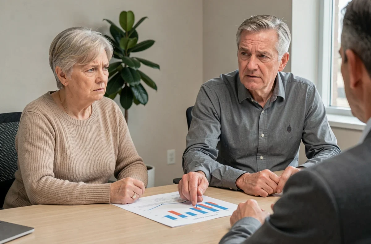 Couple de retraités en rendez-vous avec un conseiller financier pour discuter de la revalorisation de leur retraite complémentaire