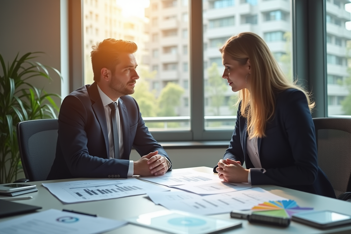 Conseiller financier rencontrant un client dans un bureau moderne