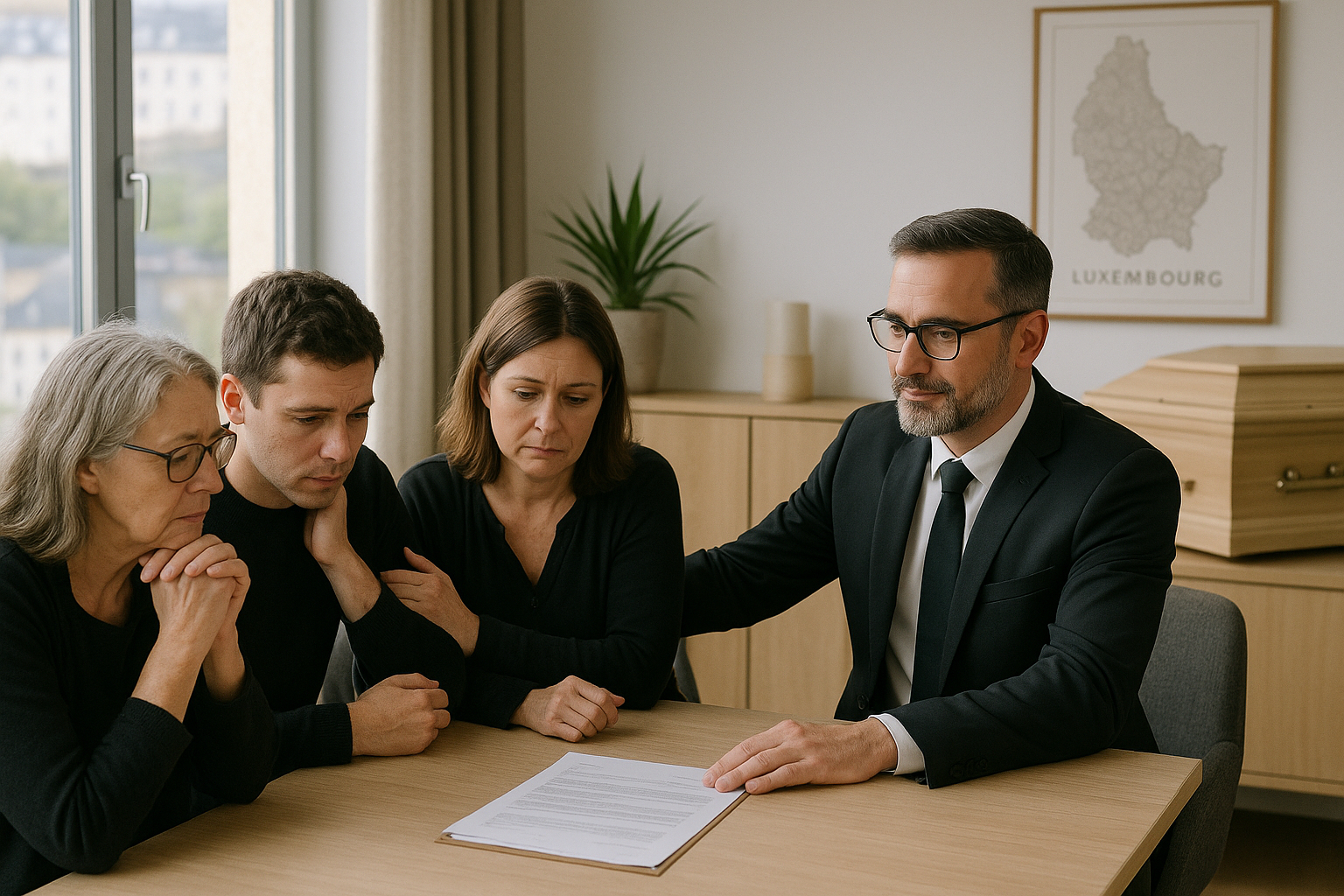 Conseiller funéraire aidant une famille dans un bureau lumineux