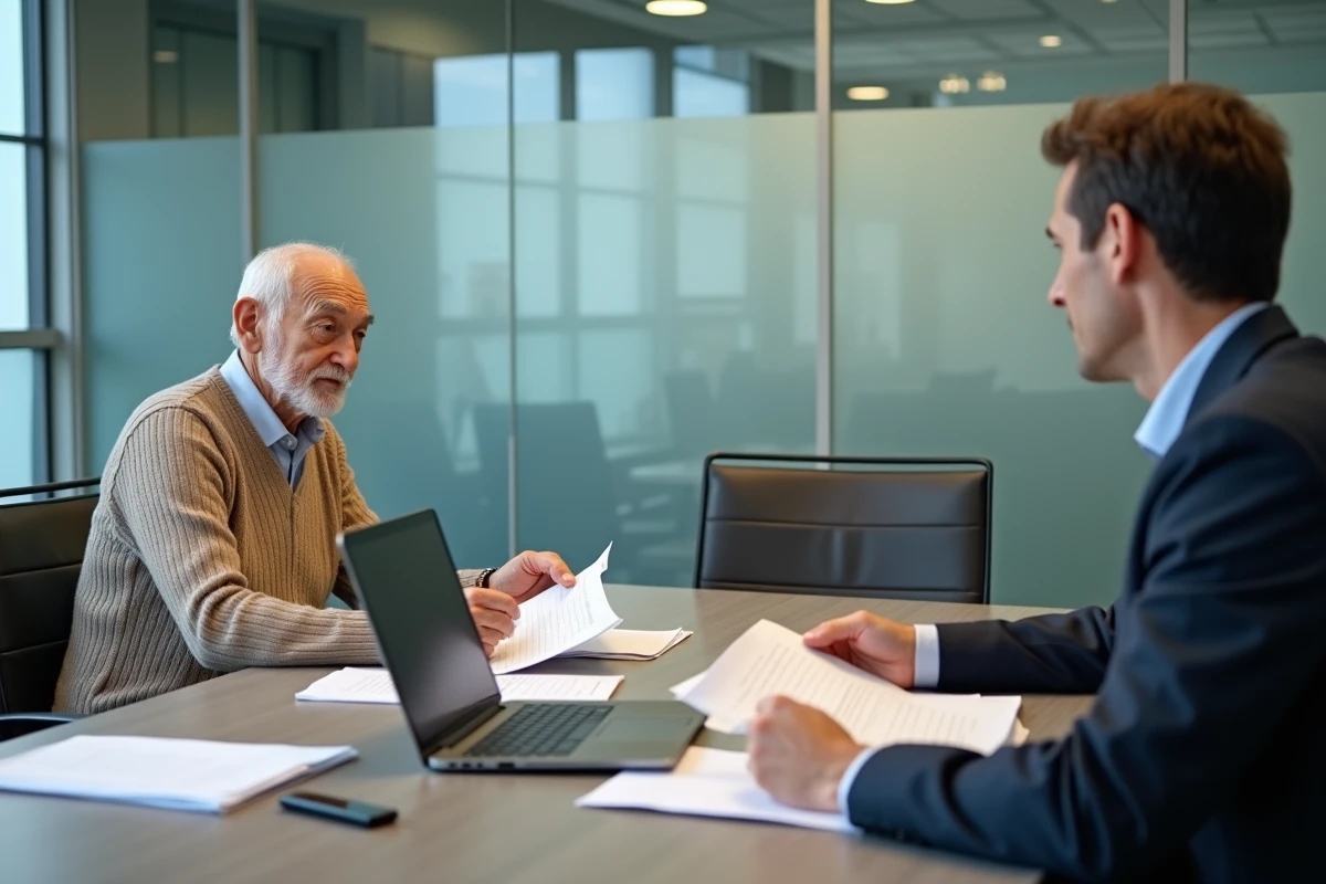 Homme âgé consultant un avocat spécialisé pour un litige relatif à la récupération de l'APA sur succession