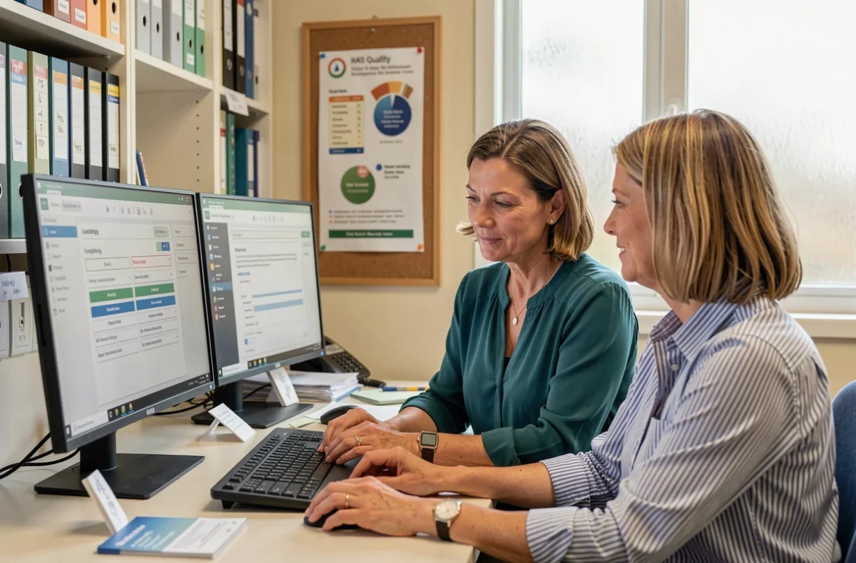 Deux coordinatrices d'EHPAD collaborant sur le paramétrage NETSoins Colisée selon les critères qualité de la HAS