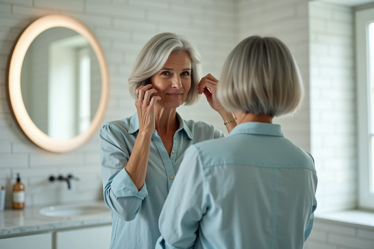 Femme de plus de 70 ans avec cheveux fins gris coiffée d'un carré court texturisé, se coiffant devant un miroir dans une salle de bain claire