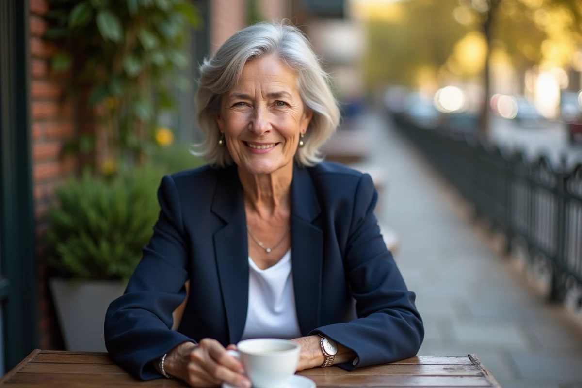 Femme de 65 ans aux cheveux poivre et sel fins coiffée d'une coupe courte étagée avec frange, attablée en terrasse de café parisien à l'automne