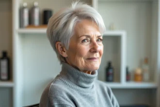 Femme âgée aux cheveux fins argentés coiffée d'une coupe courte en pixie layerisée pour donner du volume, dans un salon de coiffure moderne