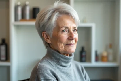Femme âgée aux cheveux fins argentés coiffée d'une coupe courte en pixie layerisée pour donner du volume, dans un salon de coiffure moderne