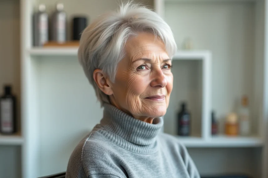 Femme âgée aux cheveux fins argentés coiffée d'une coupe courte en pixie layerisée pour donner du volume, dans un salon de coiffure moderne