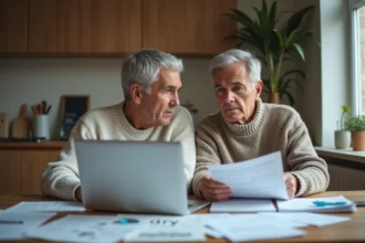Couple d'adultes dans une cuisine moderne avec papiers et ordinateur