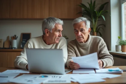 Couple d'adultes dans une cuisine moderne avec papiers et ordinateur
