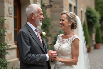 Couple senior en mariage devant mairie française