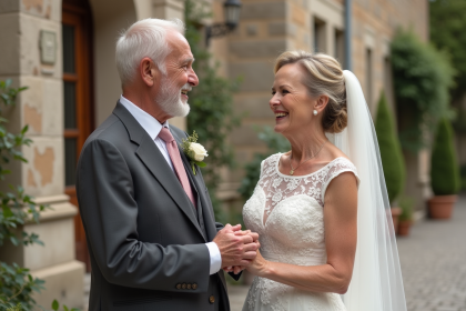Couple senior en mariage devant mairie française