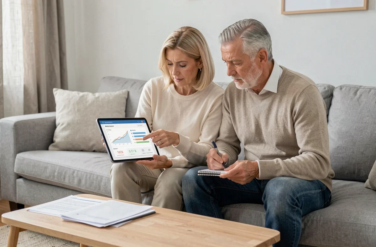 Couple planifiant leur retraite complémentaire et les revenus liés à l'AAH après 2026 sur une tablette