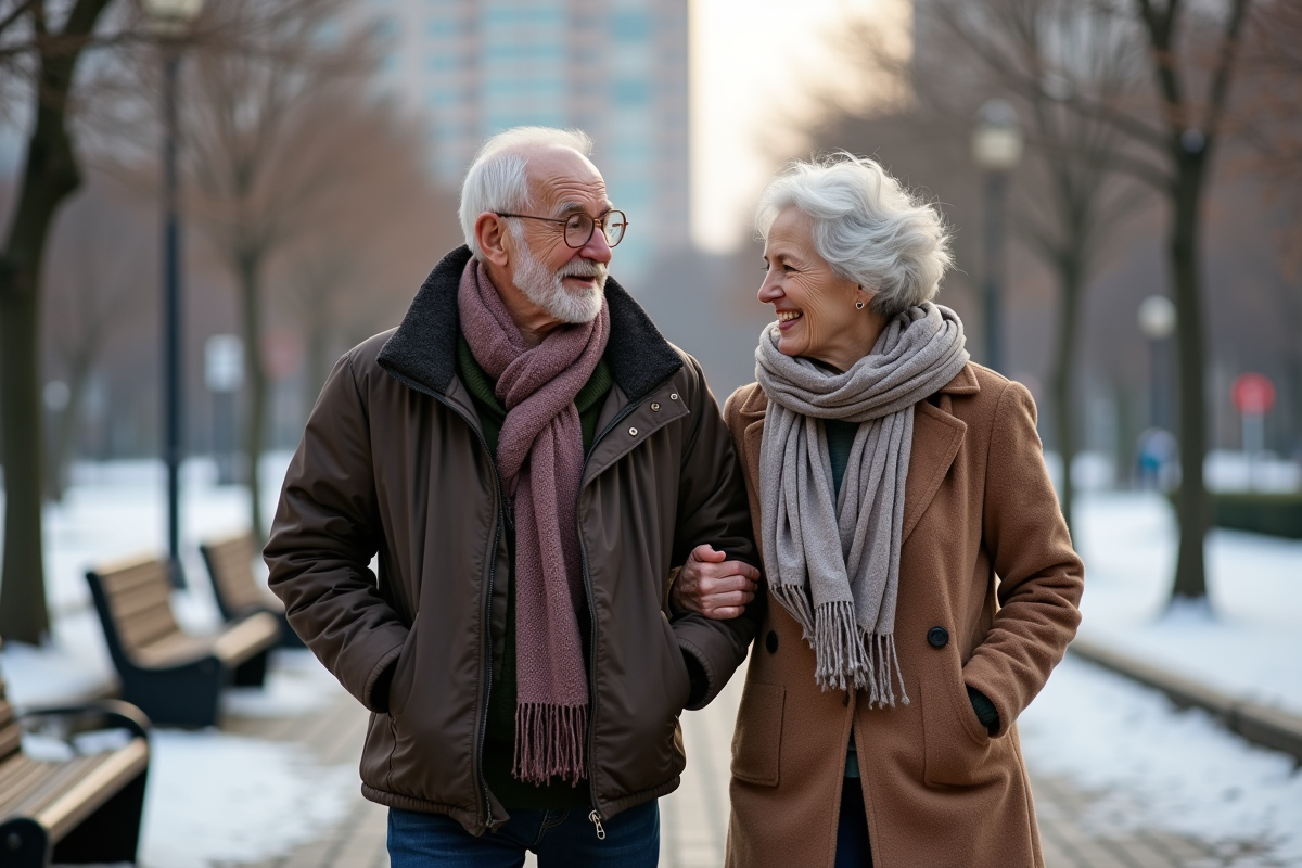 Couple retraité marchant dans un parc urbain en hiver
