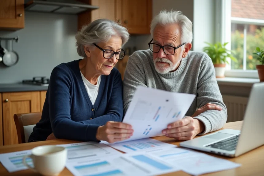 Couple de retraités examinant des documents financiers sur leur pension en 2026 à la table de leur cuisine