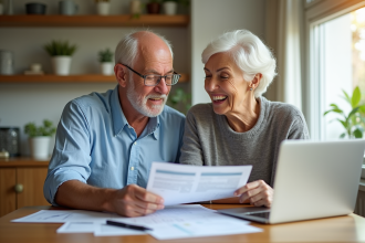 Couple retraités examinant documents financiers à la maison
