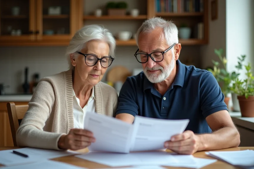 Couple de retraités consultant leurs relevés de pension complémentaire Agirc-Arrco à la maison