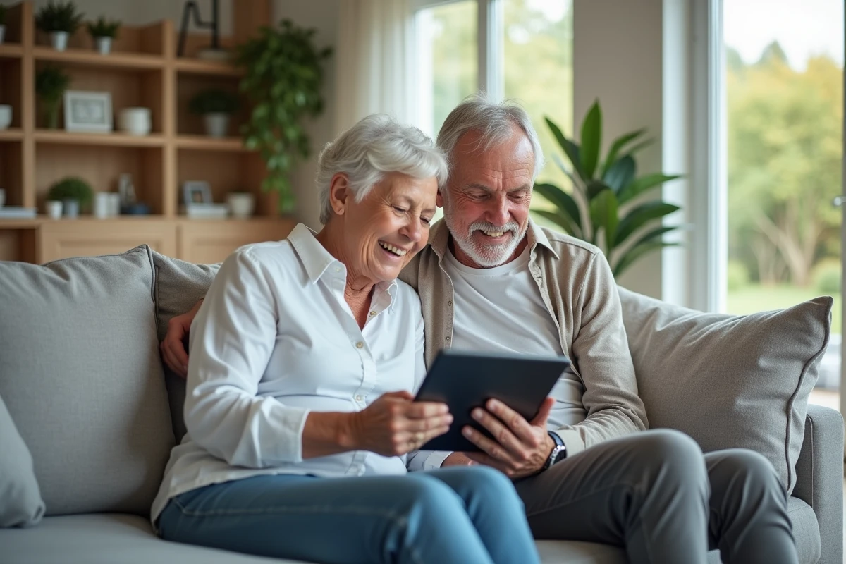 Couple de retraités consultant une simulation de pension sur tablette pour anticiper l'impact Agirc-Arrco 2026